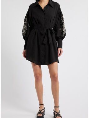 Black Embellished-Sleeve Tie-Waist Mini Shirt Dress